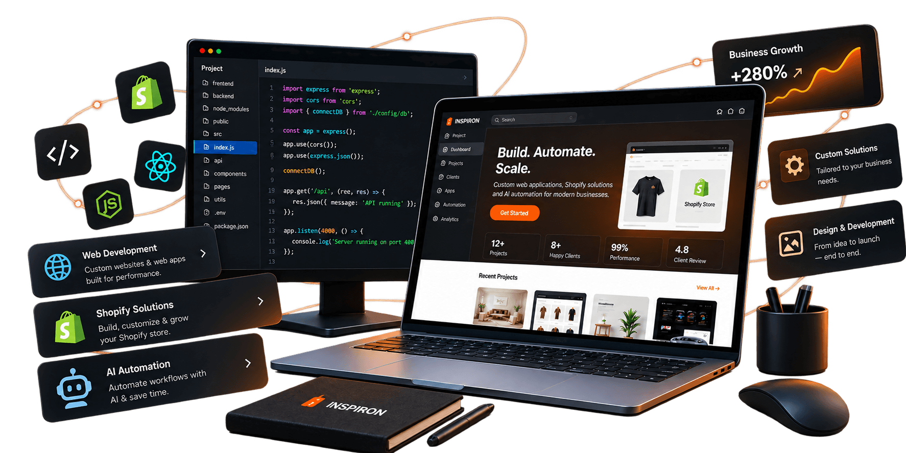 INSPIROIN builds Shopify stores, custom web apps, and AI automation — illustrated dashboard, code editor, and service highlights
